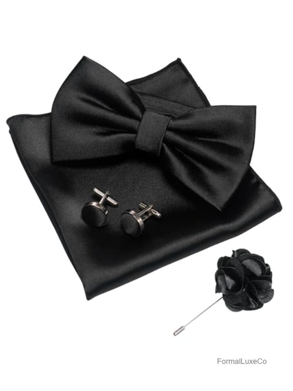 Pre-tied Bow Tie & Pocket Square Set with Cufflinks and Lapel Pin, Silk Blend
